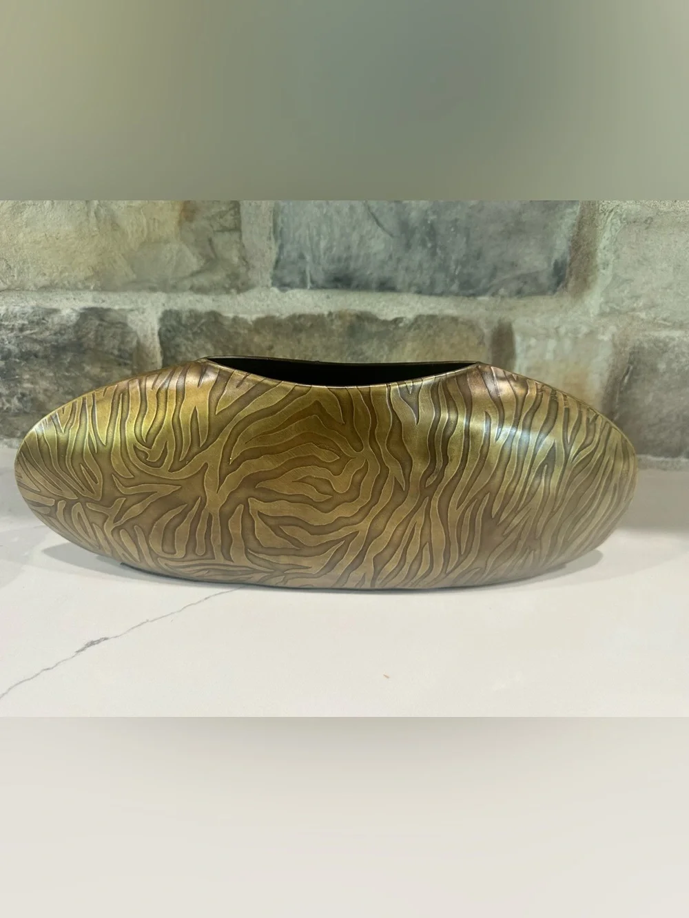 Vintage Set 3 Gold Tone Bronze Decorative Vase Embossed Zebra Animal Print